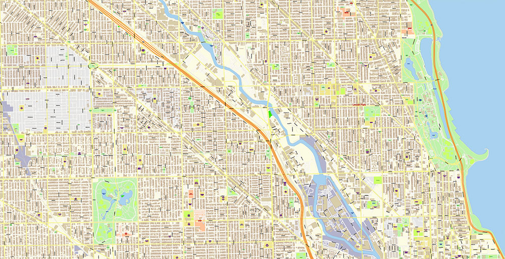 Chicago Illinois USA Vector Map: Exact High Detailed Street Map editable Adobe Illustrator in layers