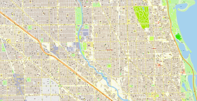 Chicago Illinois USA Vector Map: Exact High Detailed Street Map ...