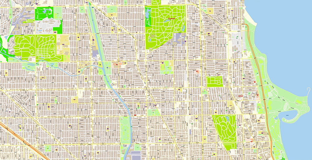 Chicago Illinois USA Vector Map: Exact High Detailed Street Map editable Adobe Illustrator in layers