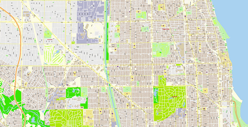 Chicago Illinois USA Vector Map: Exact High Detailed Street Map editable Adobe Illustrator in layers
