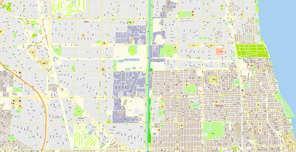 Chicago Illinois USA Vector Map: Exact High Detailed Street Map editable Adobe Illustrator in layers