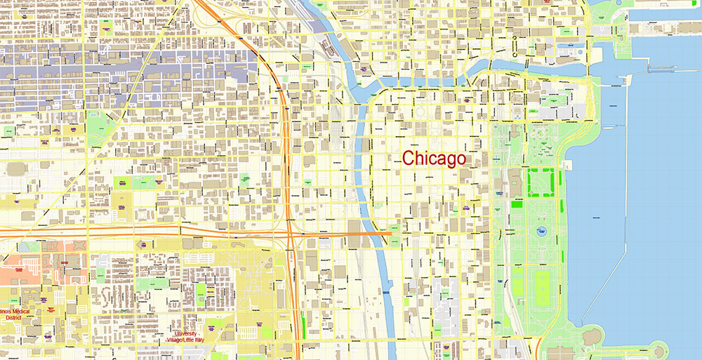 Chicago Illinois USA Vector Map: Exact High Detailed Street Map editable Adobe Illustrator in layers