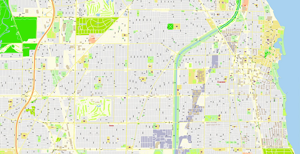 Chicago Illinois USA Vector Map: Exact High Detailed Street Map editable Adobe Illustrator in layers
