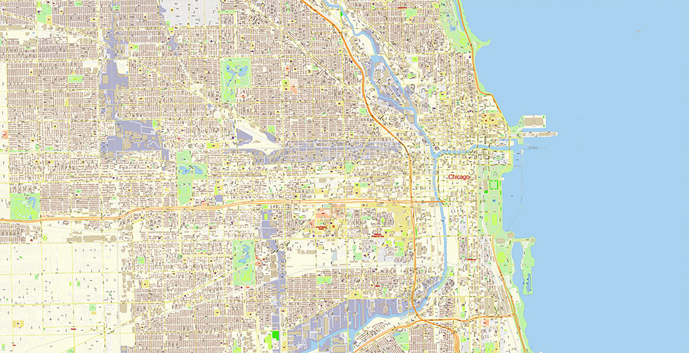 Chicago Illinois USA Vector Map: Exact High Detailed Street Map editable Adobe Illustrator in layers