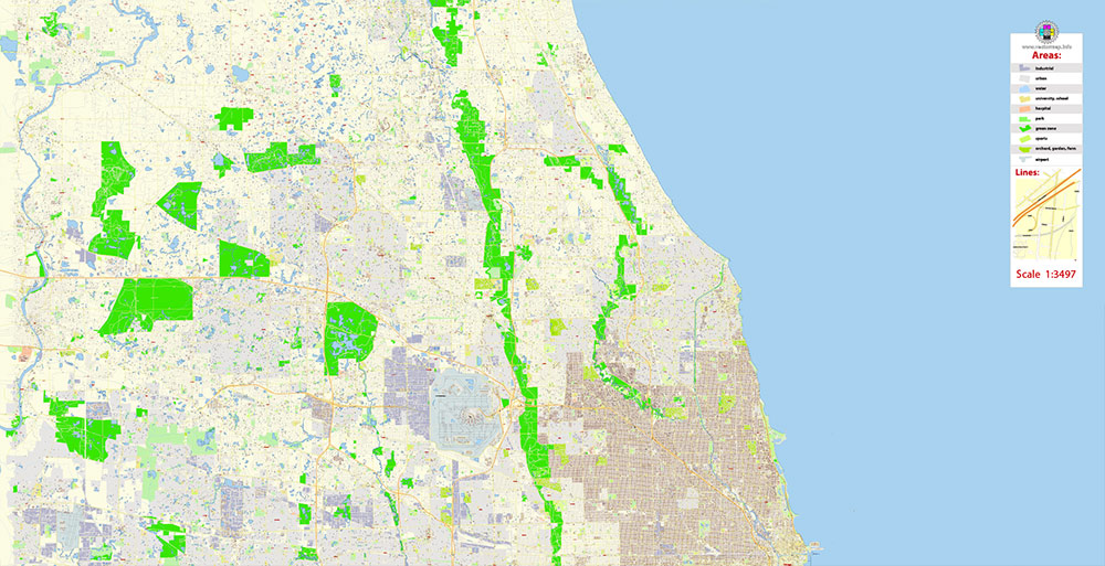 Chicago Illinois USA Vector Map: Exact High Detailed Street Map editable Adobe Illustrator in layers