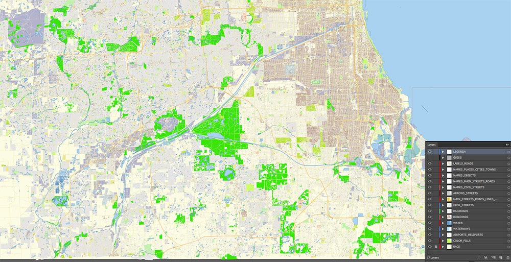 Chicago Illinois USA Vector Map: Exact High Detailed Street Map editable Adobe Illustrator in layers