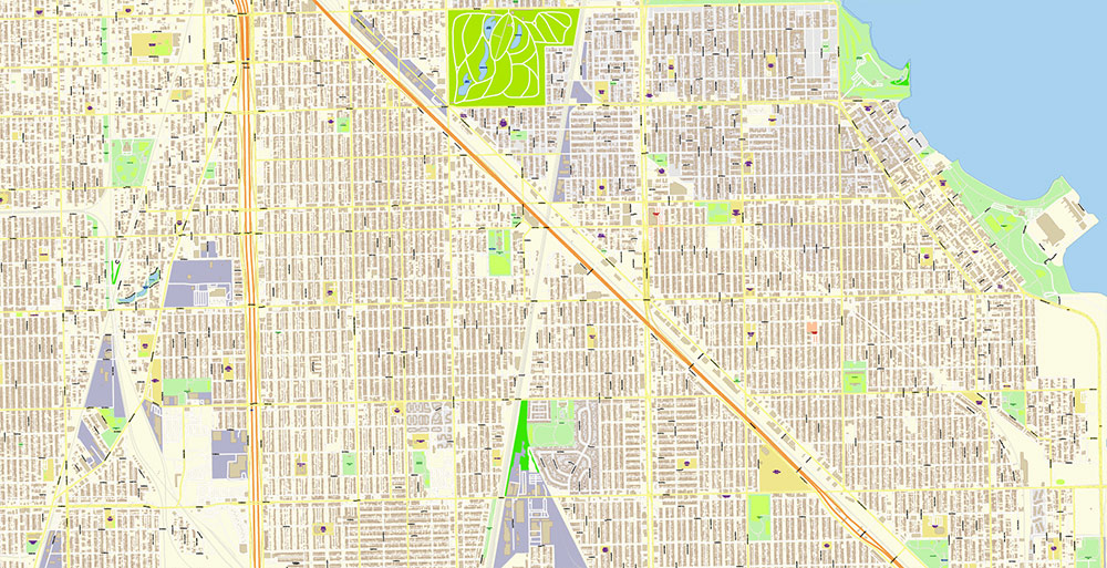 Chicago Illinois USA Vector Map: Exact High Detailed Street Map editable Adobe Illustrator in layers