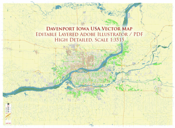 Davenport Iowa USA Vector Map Exact High Detailed Street Map editable Adobe Illustrator in layers Davenport Iowa USA Vector Map Exact High Detailed Street Map editable Adobe Illustrator in layers