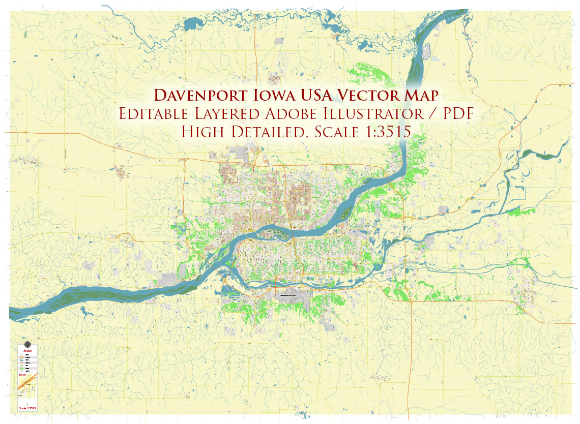 Davenport Iowa USA Vector Map Exact High Detailed Street Map editable Adobe Illustrator in layers