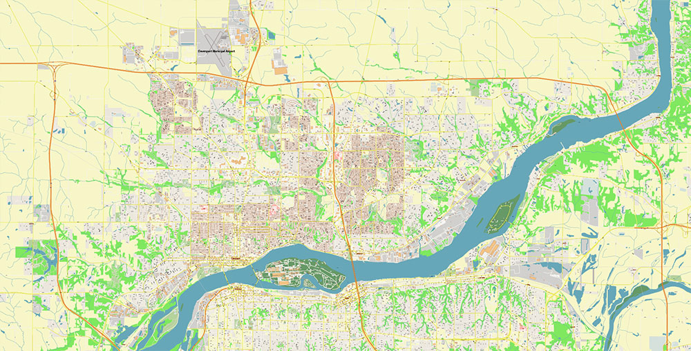 Davenport Iowa USA Vector Map Exact High Detailed Street Map editable Adobe Illustrator in layers