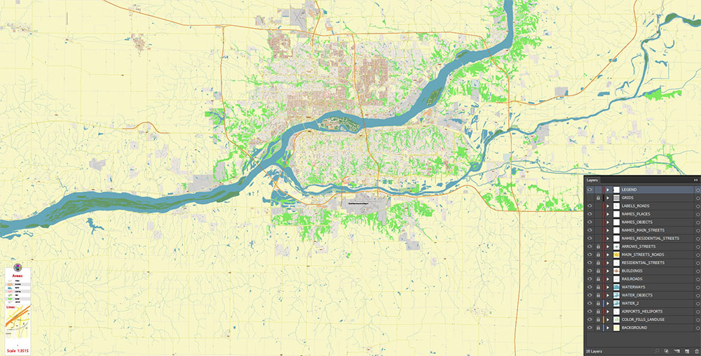 Davenport Iowa USA Vector Map Exact High Detailed Street Map editable Adobe Illustrator in layers