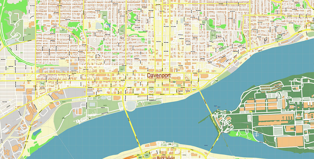 Davenport Iowa USA Vector Map Exact High Detailed Street Map editable Adobe Illustrator in layers