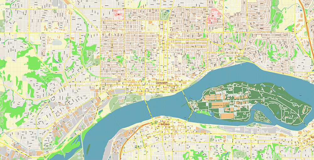 Davenport Iowa USA Vector Map Exact High Detailed Street Map editable Adobe Illustrator in layers