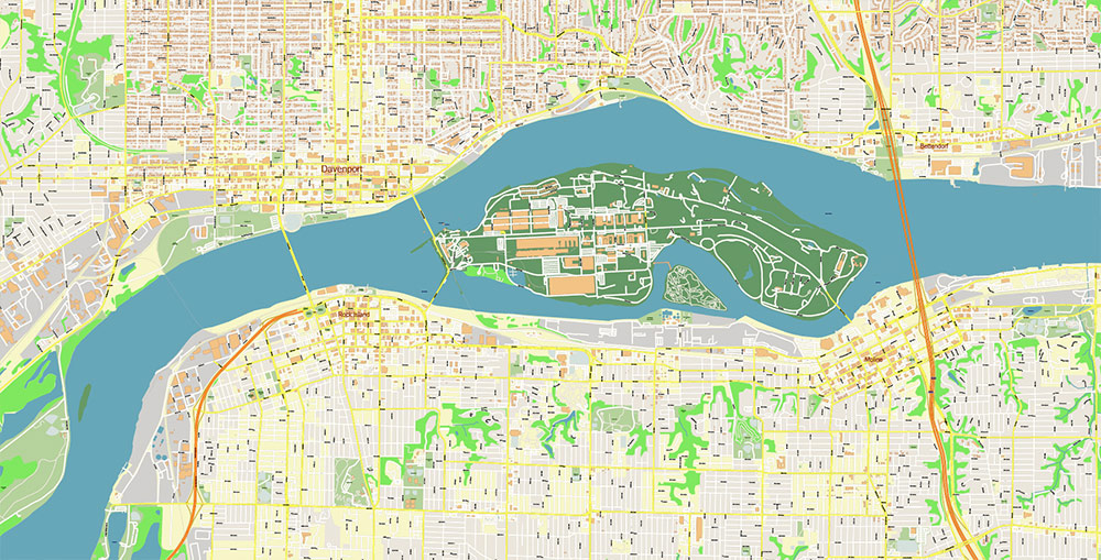 Davenport Iowa USA Vector Map Exact High Detailed Street Map editable Adobe Illustrator in layers