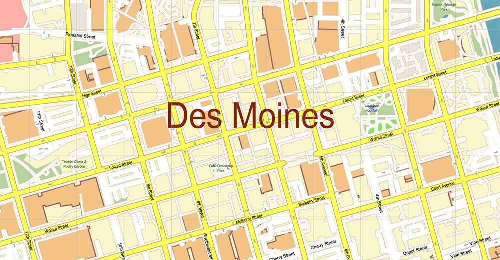 Des Moines Iowa USA Vector Map Exact High Detailed Street Map editable Adobe Illustrator in layers