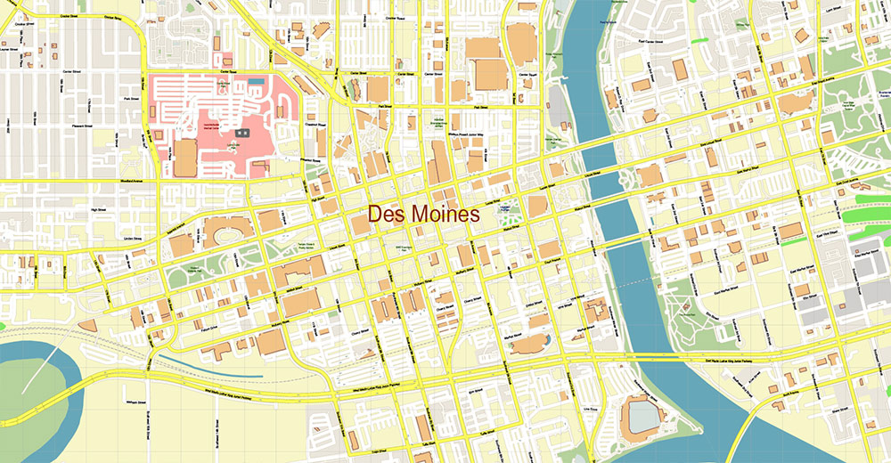 Des Moines Iowa USA Vector Map Exact High Detailed Street Map editable Adobe Illustrator in layers