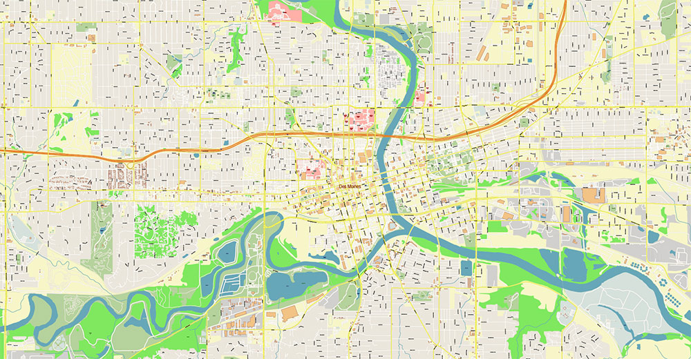 Des Moines Iowa USA Vector Map Exact High Detailed Street Map editable Adobe Illustrator in layers