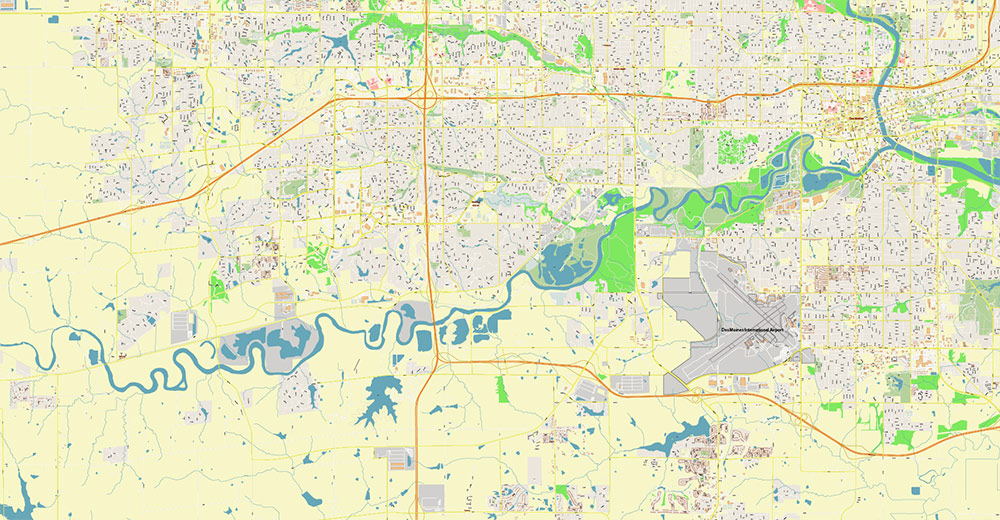 Des Moines Iowa USA Vector Map Exact High Detailed Street Map editable Adobe Illustrator in layers