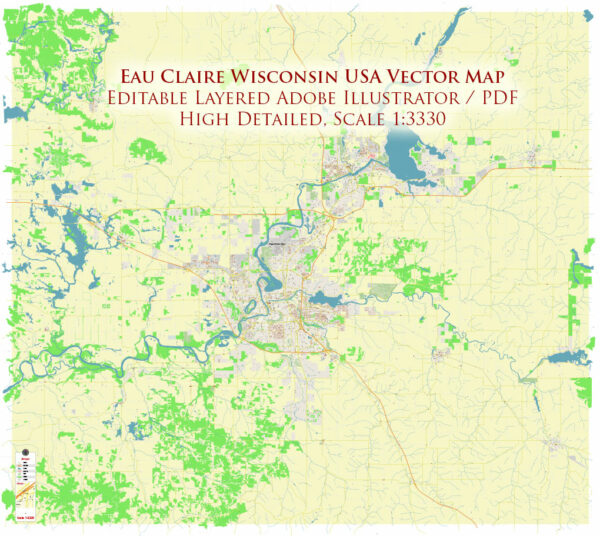 Eau Claire Wisconsin USA Vector Map Exact High Detailed Street Map editable Adobe Illustrator in layers Eau Claire Wisconsin USA Vector Map Exact High Detailed Street Map editable Adobe Illustrator in layers