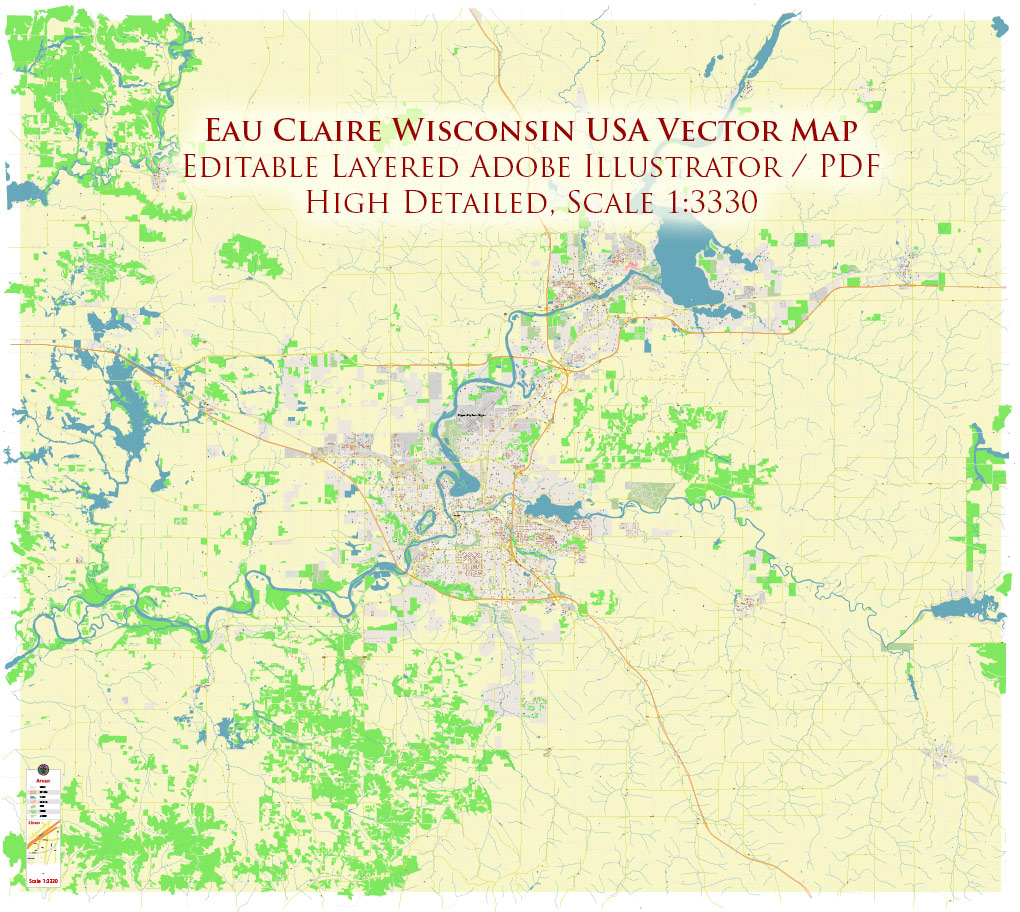 Eau Claire Wisconsin USA Vector Map Exact High Detailed Street Map editable Adobe Illustrator in layers