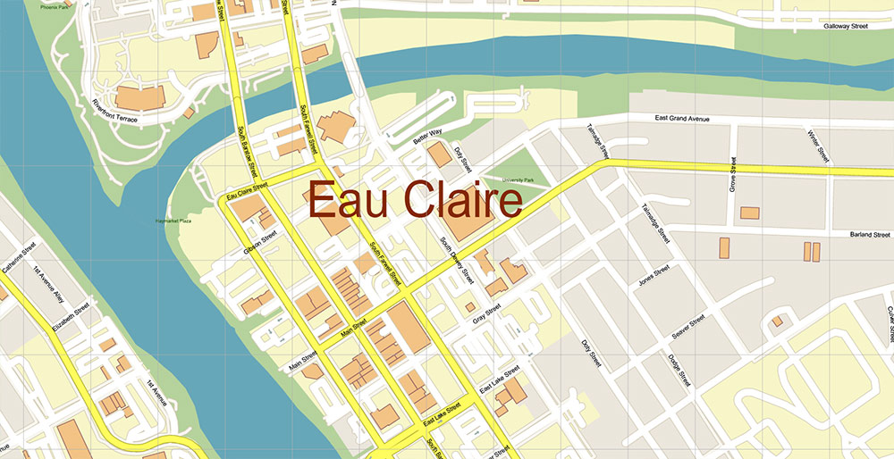 Eau Claire Wisconsin USA Vector Map Exact High Detailed Street Map editable Adobe Illustrator in layers