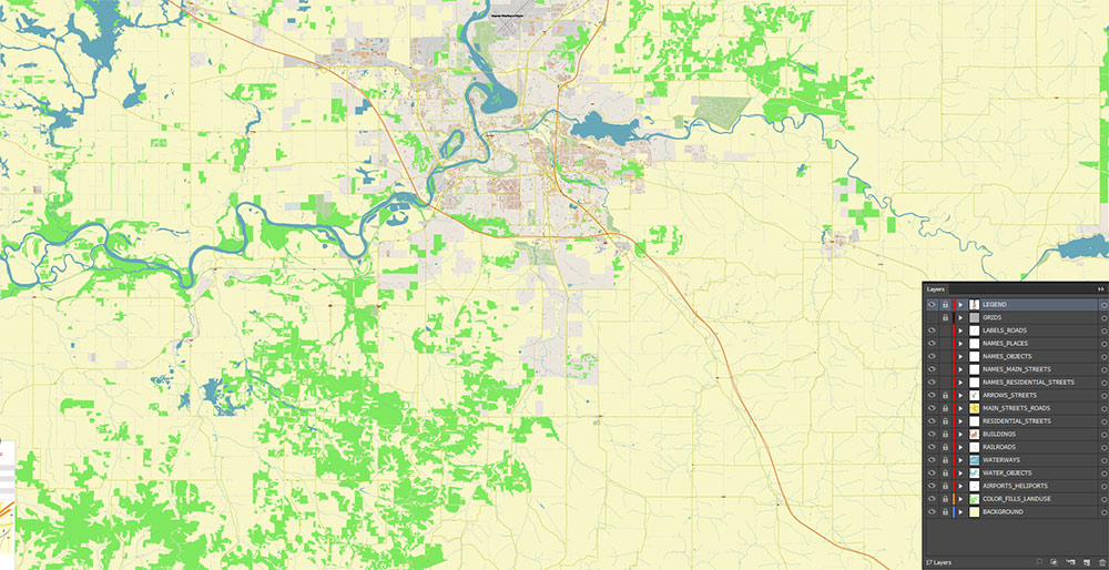 Eau Claire Wisconsin USA Vector Map Exact High Detailed Street Map editable Adobe Illustrator in layers