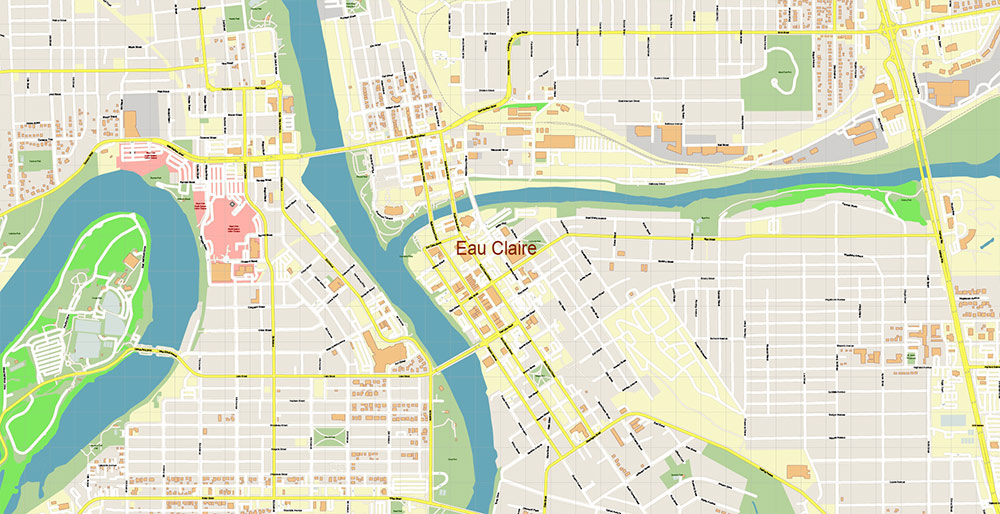 Eau Claire Wisconsin USA Vector Map Exact High Detailed Street Map editable Adobe Illustrator in layers