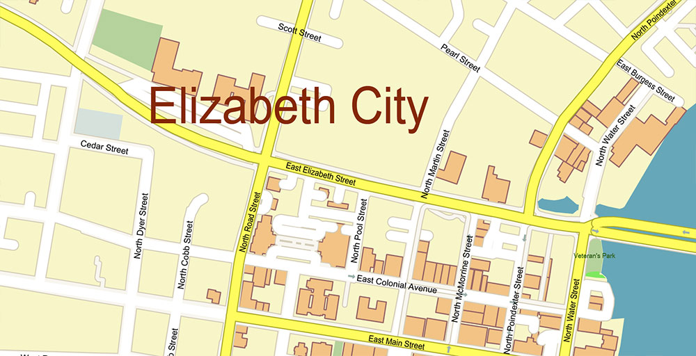 Elizabeth City and Plymouth North Carolina USA Vector Map Exact High Detailed Street Map editable Adobe Illustrator in layers