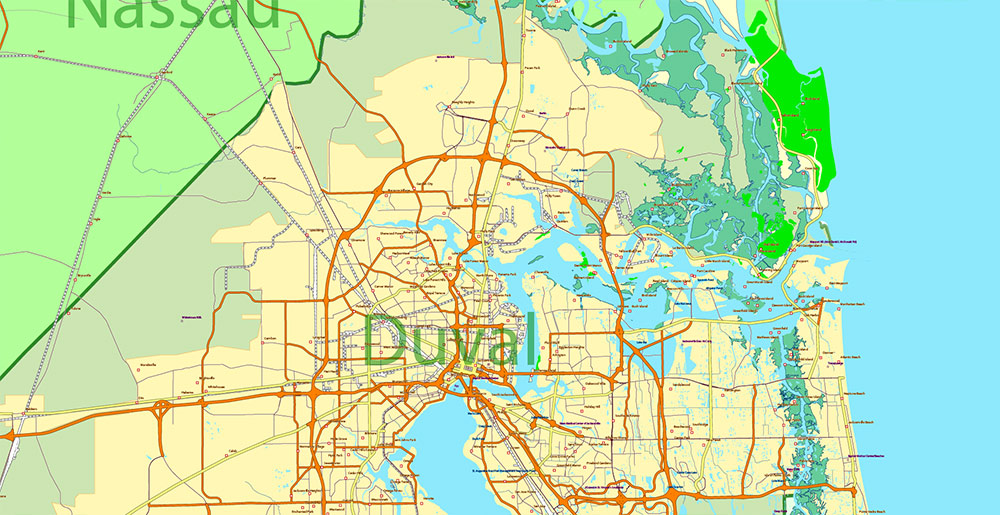 Florida, Alabama and Georgia part USA Vector Map Exact High and LOW Detailed Street Map editable Adobe Illustrator in layers