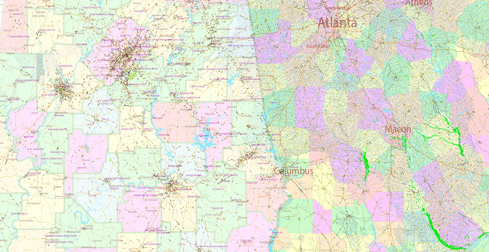 Florida, Alabama and Georgia part USA Vector Map Exact High and LOW Detailed Street Map editable Adobe Illustrator in layers