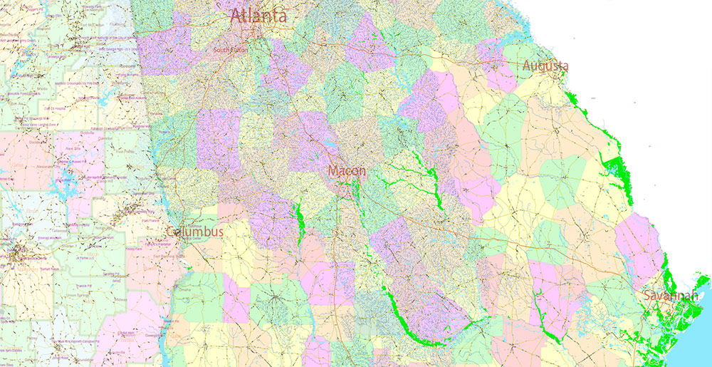 Florida, Alabama and Georgia part USA Vector Map Exact High and LOW Detailed Street Map editable Adobe Illustrator in layers