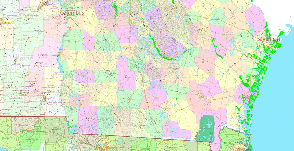 Florida, Alabama and Georgia part USA Vector Map Exact High and LOW Detailed Street Map editable Adobe Illustrator in layers