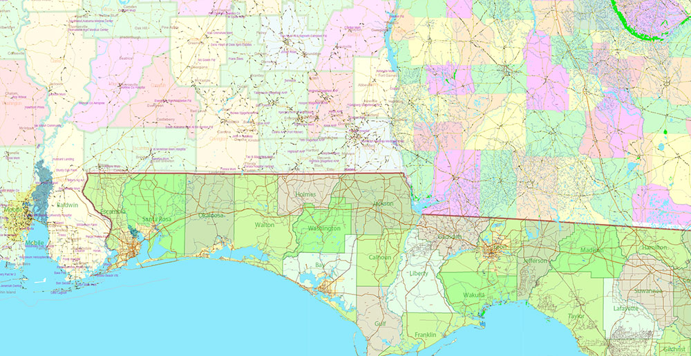 Florida, Alabama and Georgia part USA Vector Map Exact High and LOW Detailed Street Map editable Adobe Illustrator in layers