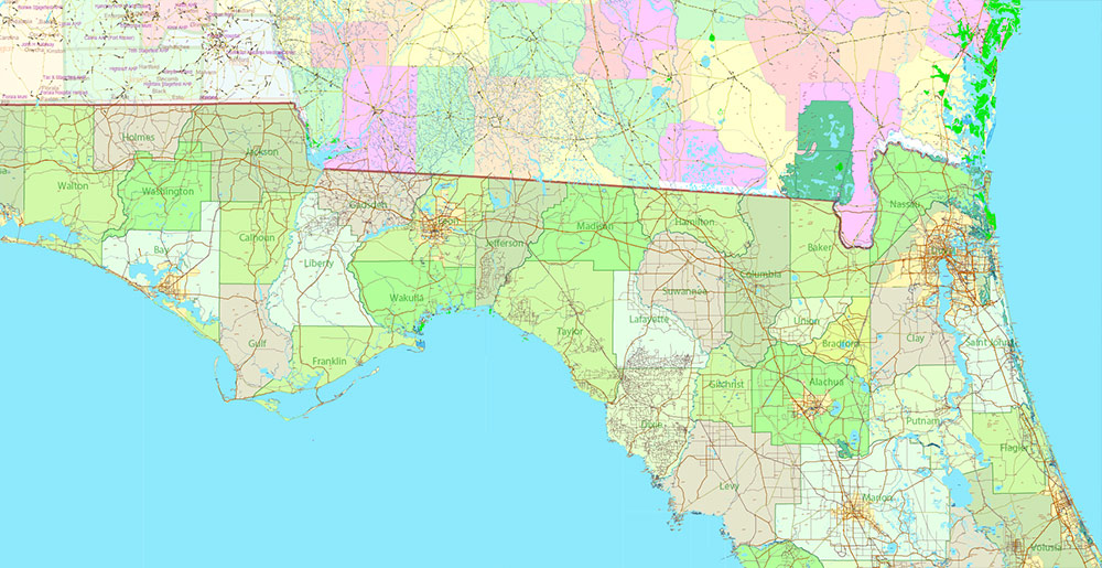 Florida, Alabama and Georgia part USA Vector Map Exact High and LOW Detailed Street Map editable Adobe Illustrator in layers