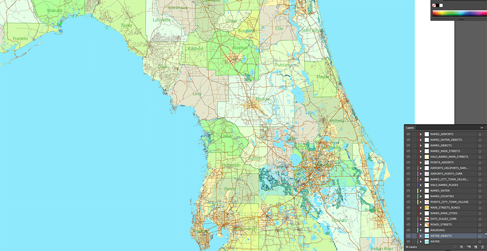 Florida, Alabama and Georgia part USA Vector Map Exact High and LOW Detailed Street Map editable Adobe Illustrator in layers