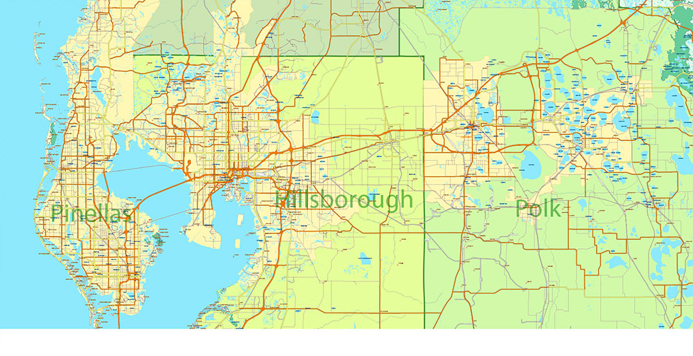 Florida, Alabama and Georgia part USA Vector Map Exact High and LOW Detailed Street Map editable Adobe Illustrator in layers