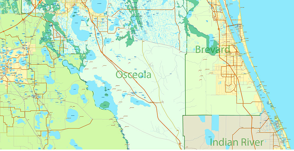 Florida, Alabama and Georgia part USA Vector Map Exact High and LOW Detailed Street Map editable Adobe Illustrator in layers