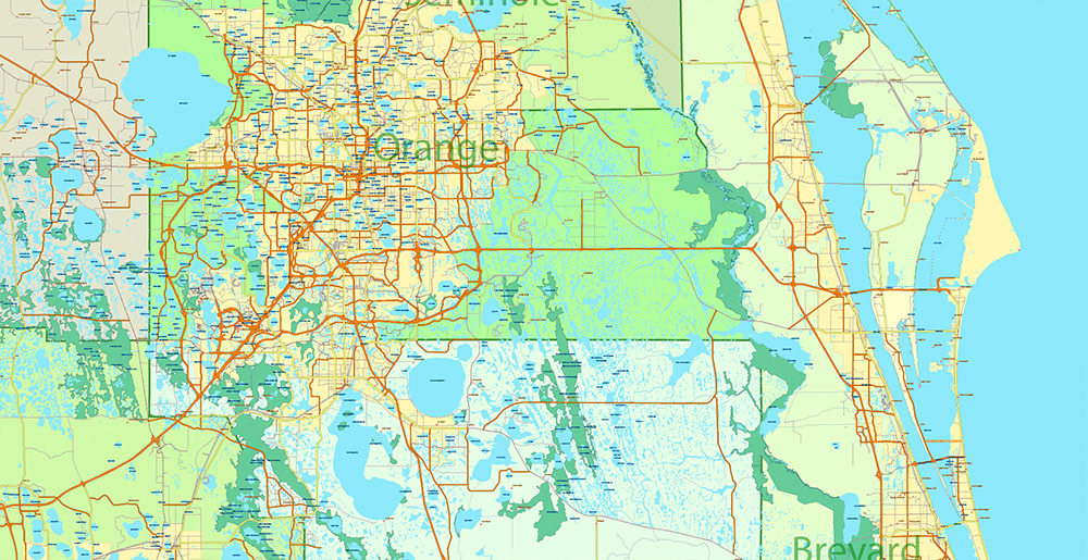 Florida, Alabama and Georgia part USA Vector Map Exact High and LOW Detailed Street Map editable Adobe Illustrator in layers