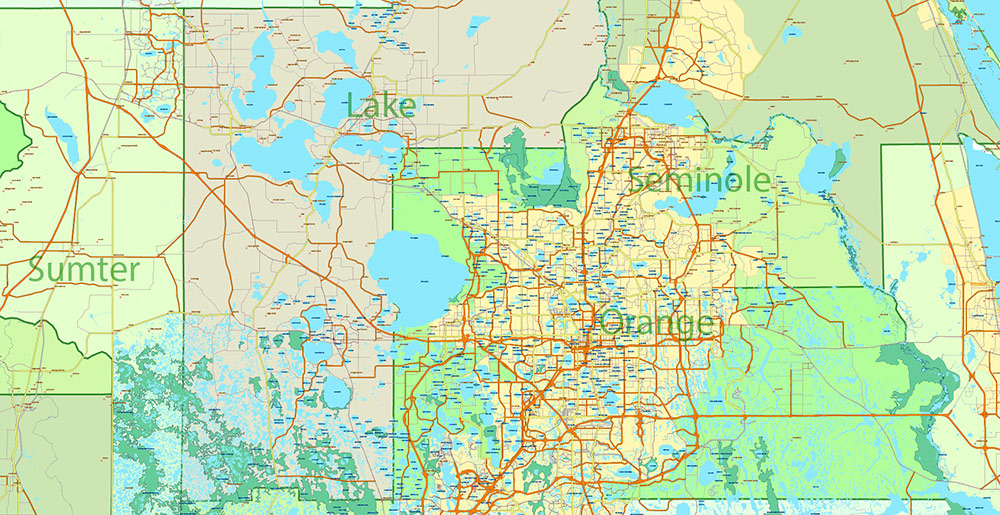 Florida, Alabama and Georgia part USA Vector Map Exact High and LOW Detailed Street Map editable Adobe Illustrator in layers