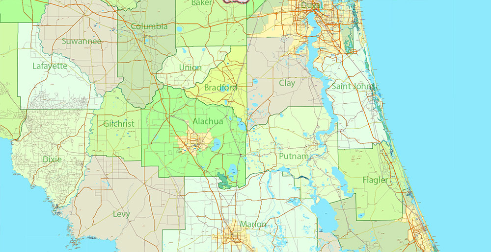Florida, Alabama and Georgia part USA Vector Map Exact High and LOW Detailed Street Map editable Adobe Illustrator in layers