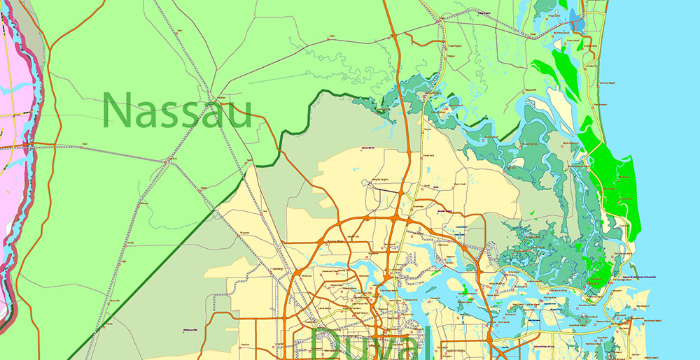 Florida, Alabama and Georgia part USA Vector Map Exact High and LOW Detailed Street Map editable Adobe Illustrator in layers