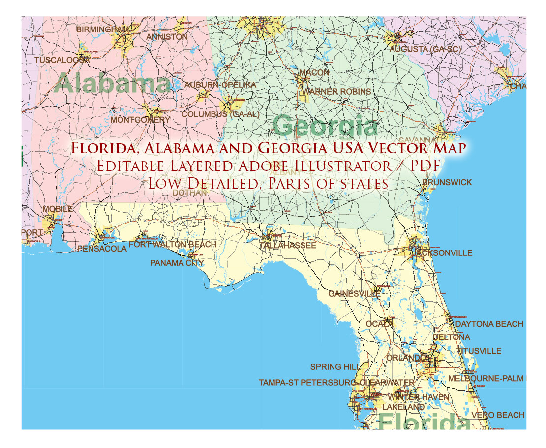Florida, Alabama and Georgia part USA Vector Map Exact High and LOW Detailed Street Map editable Adobe Illustrator in layers