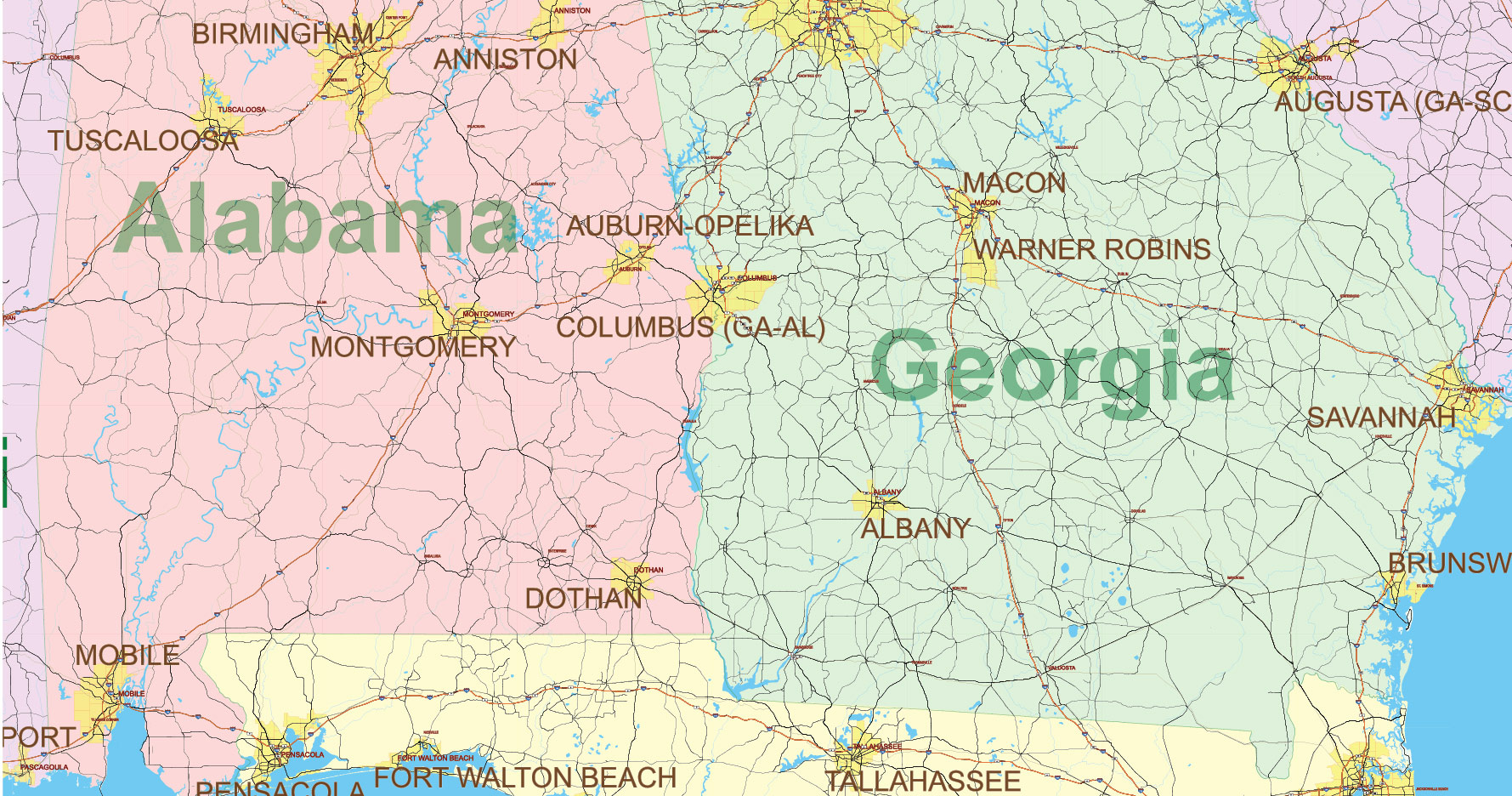 Florida, Alabama and Georgia part USA Vector Map Exact High and LOW Detailed Street Map editable Adobe Illustrator in layers