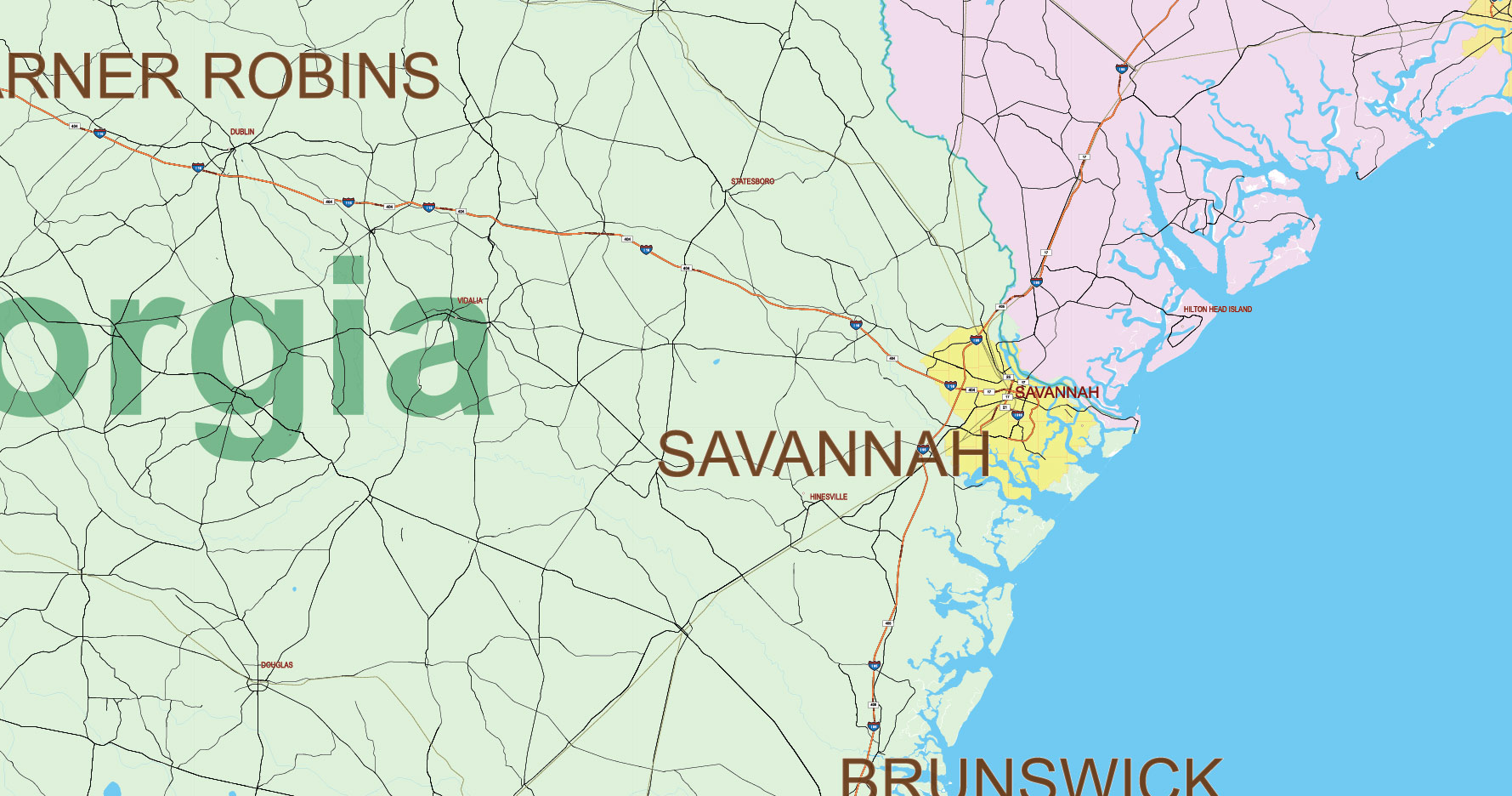 Florida, Alabama and Georgia part USA Vector Map Exact High and LOW Detailed Street Map editable Adobe Illustrator in layers