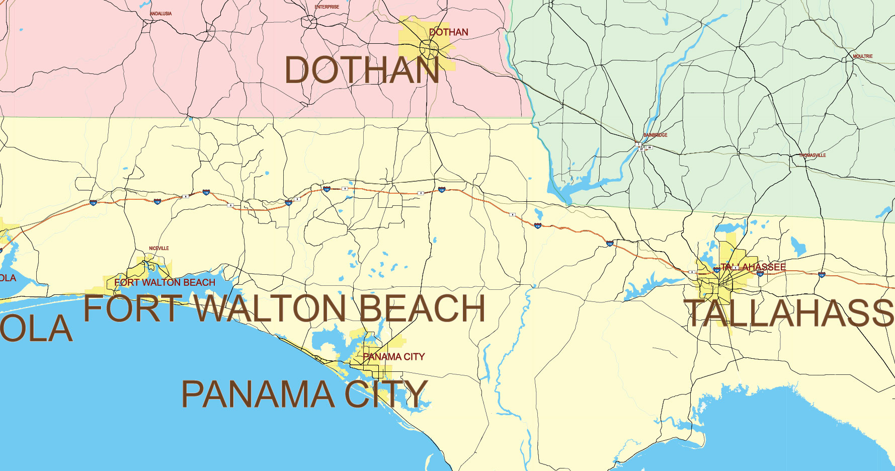 Florida, Alabama and Georgia part USA Vector Map Exact High and LOW Detailed Street Map editable Adobe Illustrator in layers