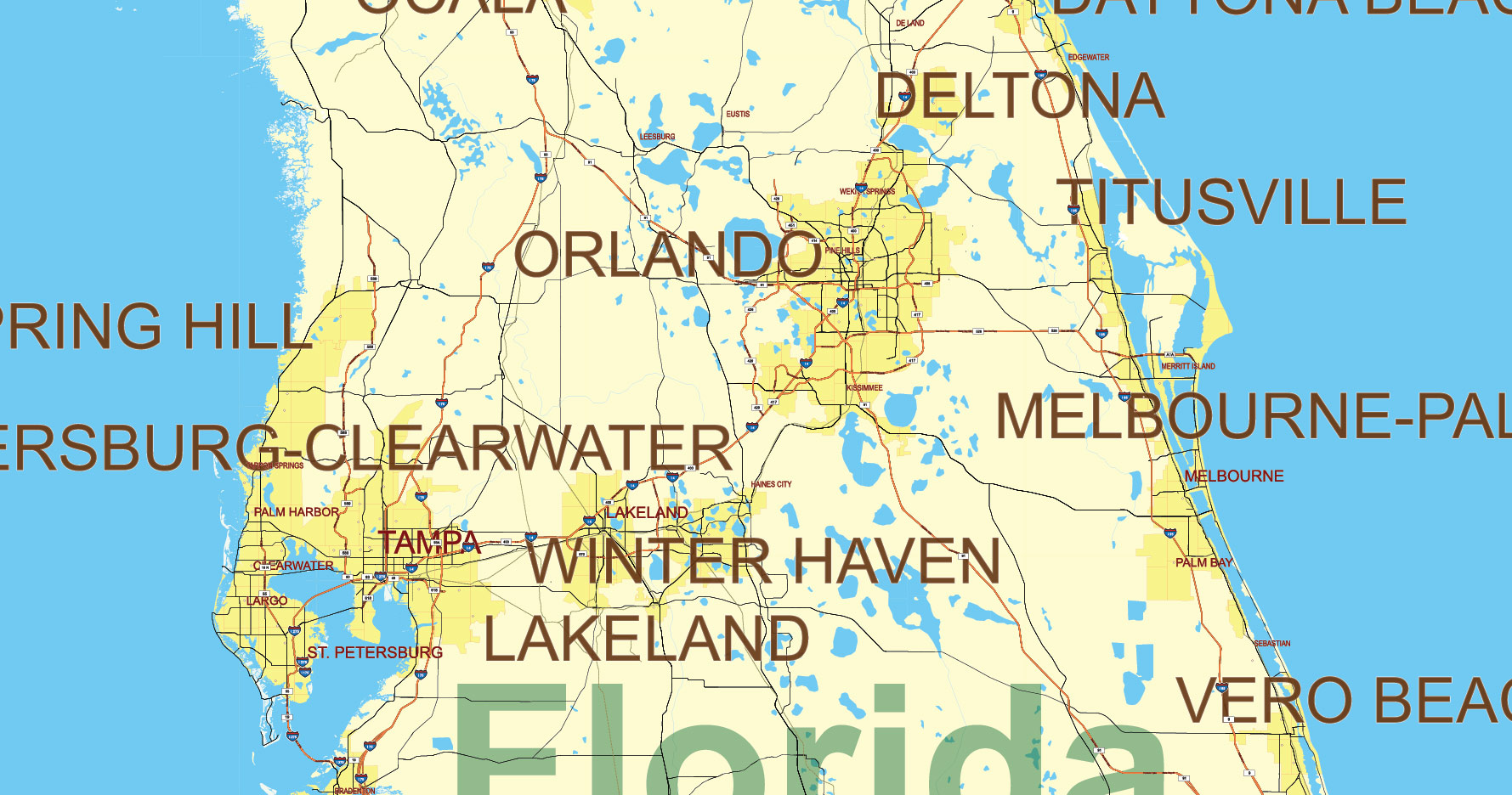 Florida, Alabama and Georgia part USA Vector Map Exact High and LOW Detailed Street Map editable Adobe Illustrator in layers