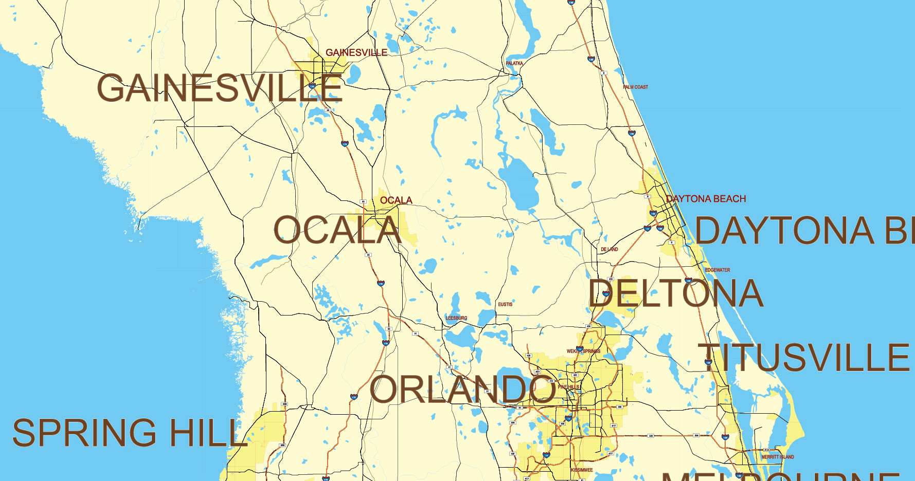 Florida, Alabama and Georgia part USA Vector Map Exact High and LOW Detailed Street Map editable Adobe Illustrator in layers