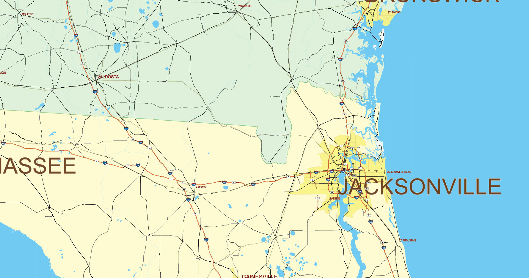 Florida, Alabama and Georgia part USA Vector Map Exact High and LOW Detailed Street Map editable Adobe Illustrator in layers