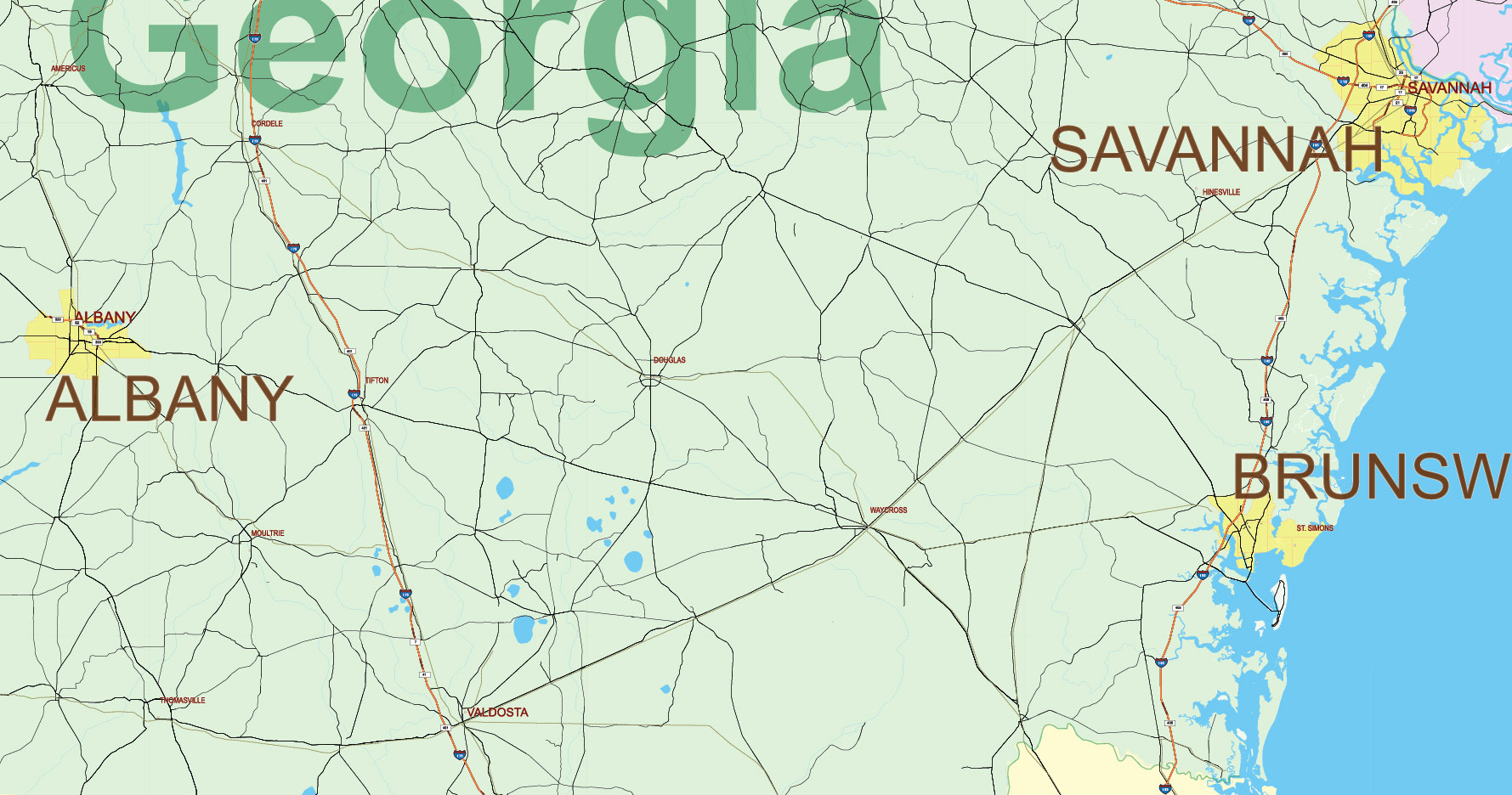 Florida, Alabama and Georgia part USA Vector Map Exact High and LOW Detailed Street Map editable Adobe Illustrator in layers
