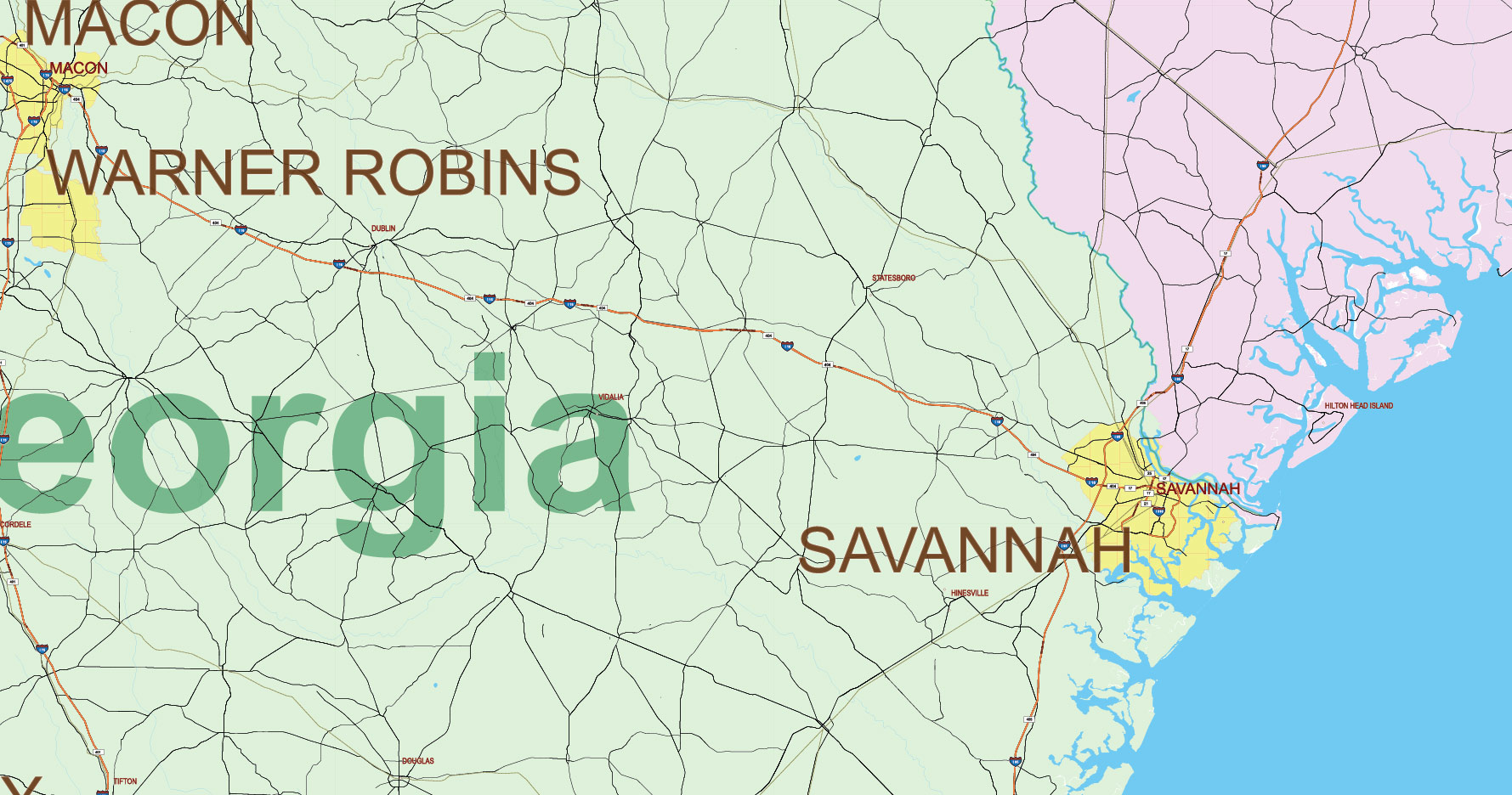 Florida, Alabama and Georgia part USA Vector Map Exact High and LOW Detailed Street Map editable Adobe Illustrator in layers